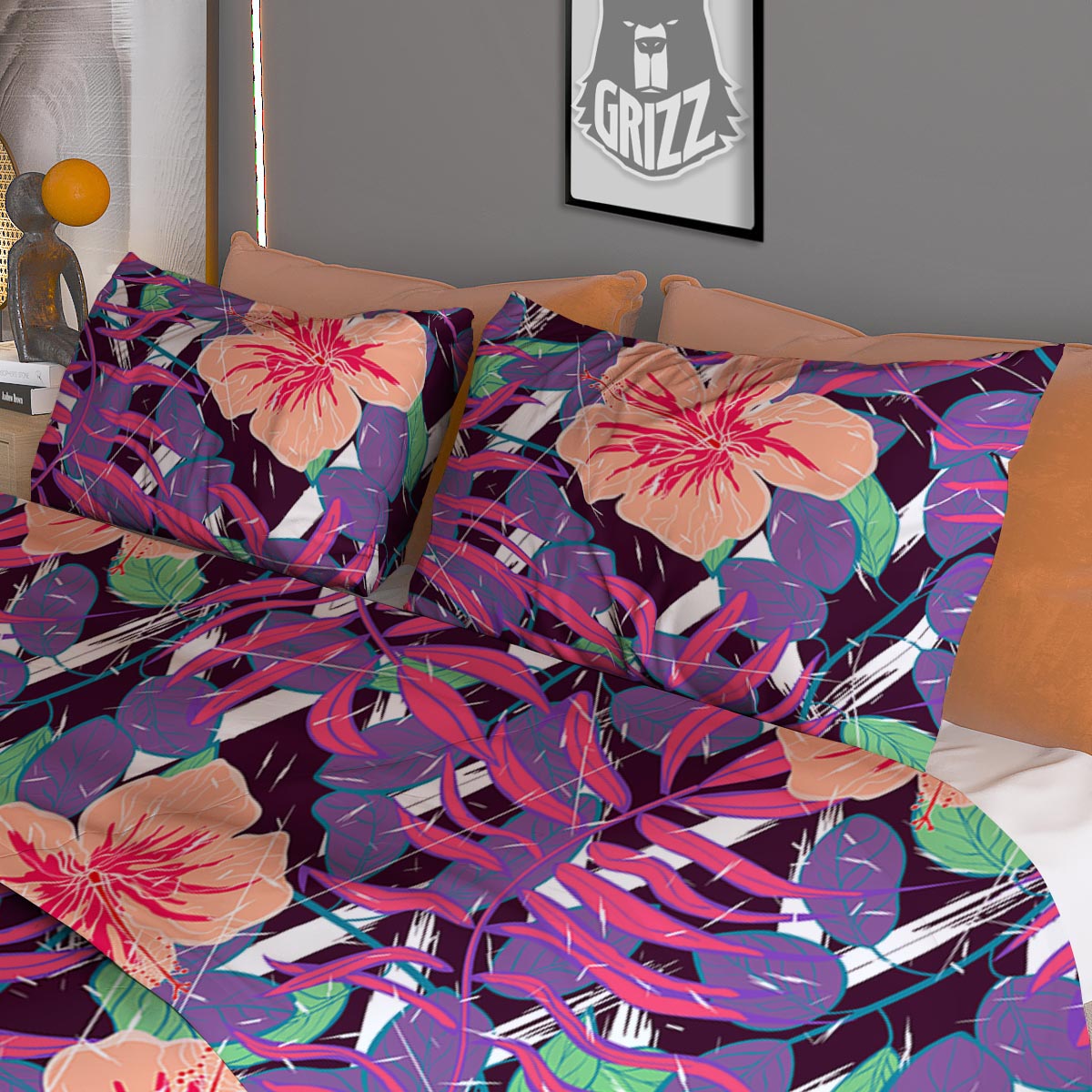 Hibiscus Purple Tropical Print Pattern Duvet Cover Bedding Set