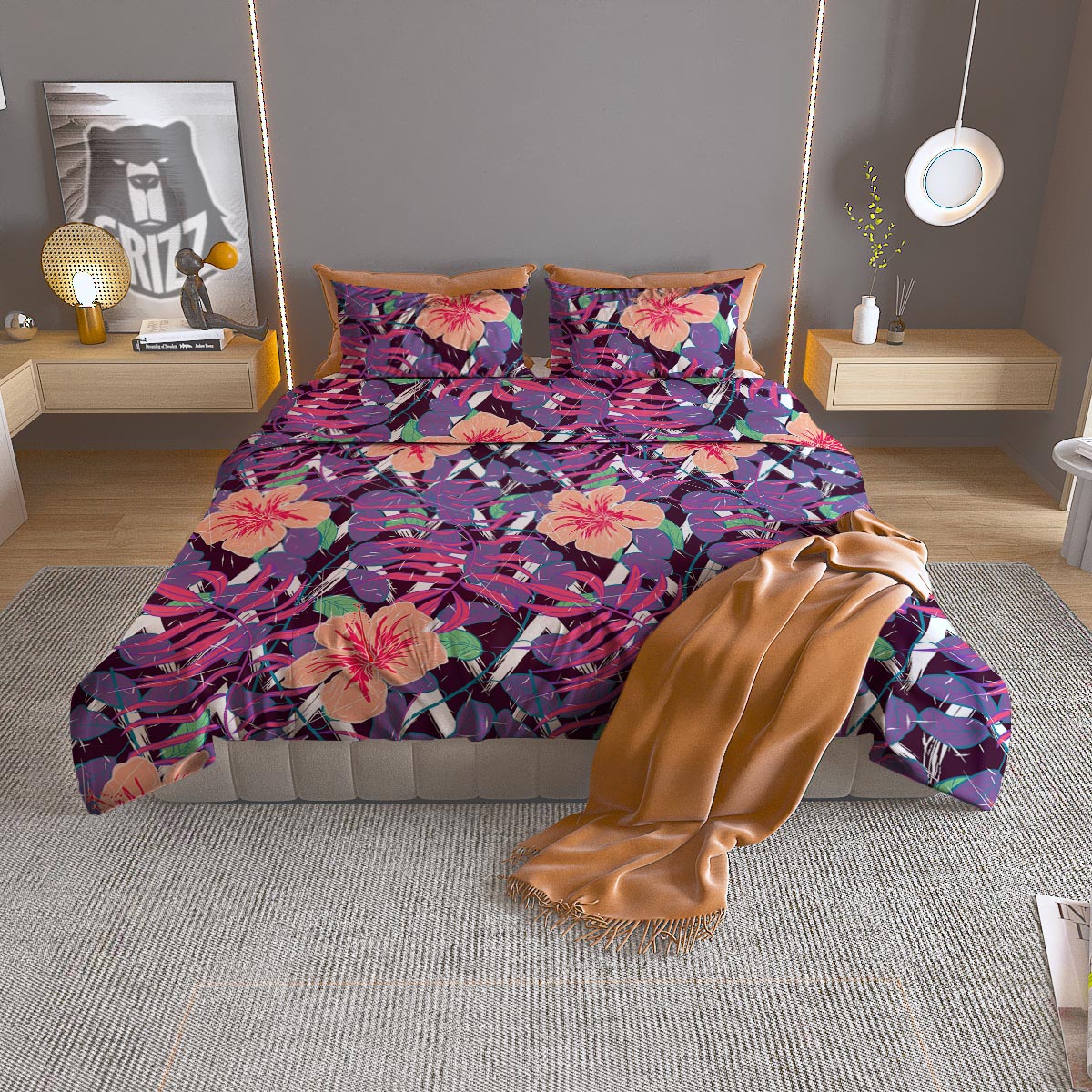 Hibiscus Purple Tropical Print Pattern Duvet Cover Bedding Set
