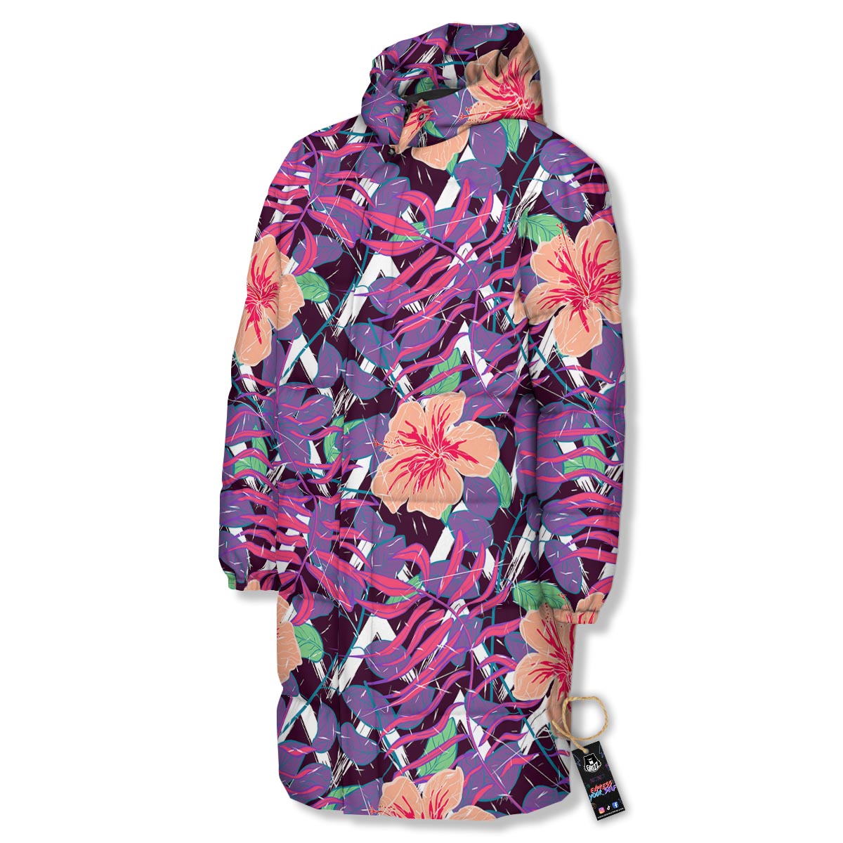 Hibiscus Purple Tropical Print Pattern Long Down Jacket-grizzshop