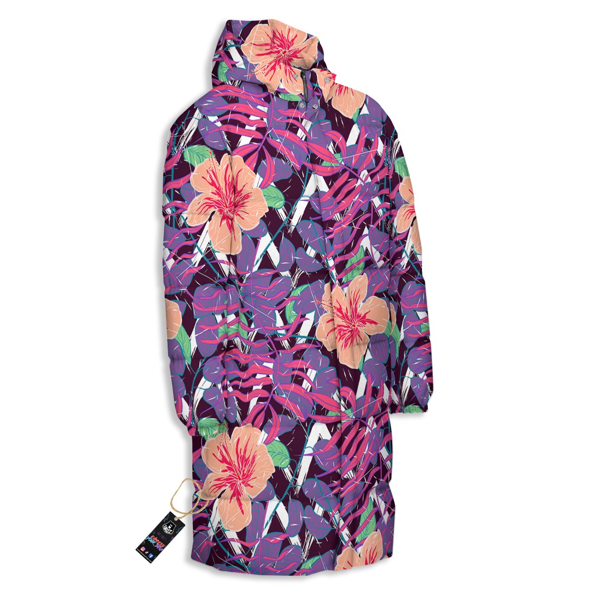 Hibiscus Purple Tropical Print Pattern Long Down Jacket-grizzshop