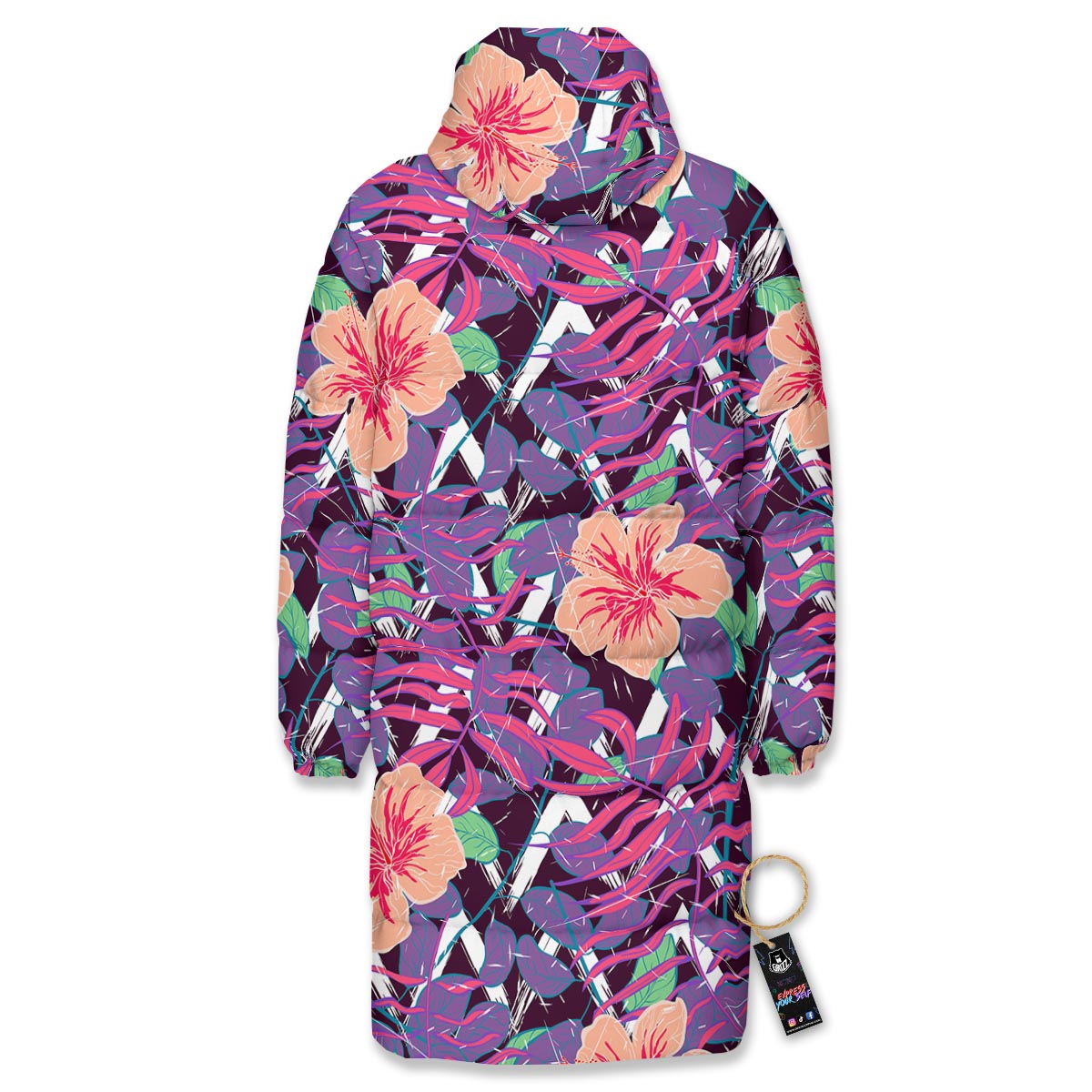 Hibiscus Purple Tropical Print Pattern Long Down Jacket-grizzshop