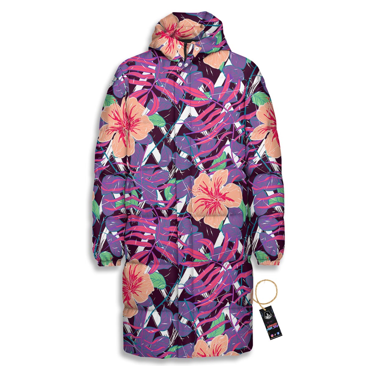 Hibiscus Purple Tropical Print Pattern Long Down Jacket-grizzshop