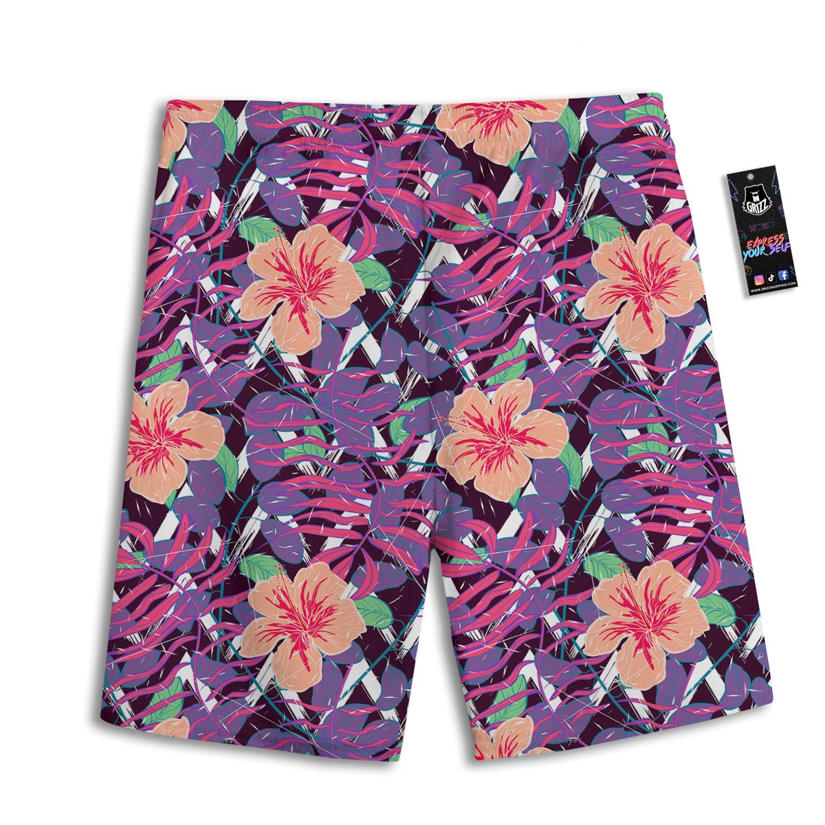 Hibiscus Purple Tropical Print Pattern Men's Athletic Shorts