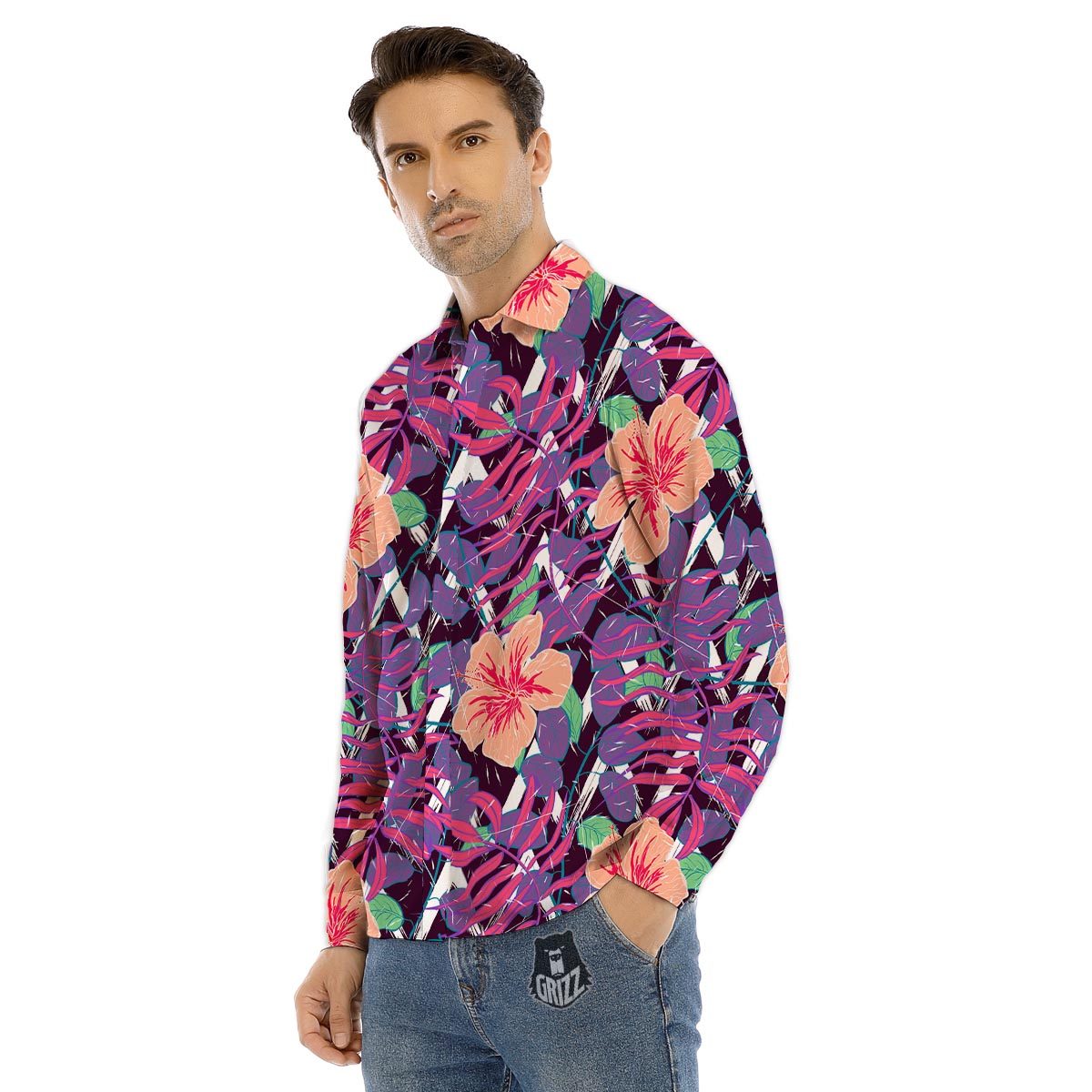 Hibiscus Purple Tropical Print Pattern Men's Dress Shirts-grizzshop