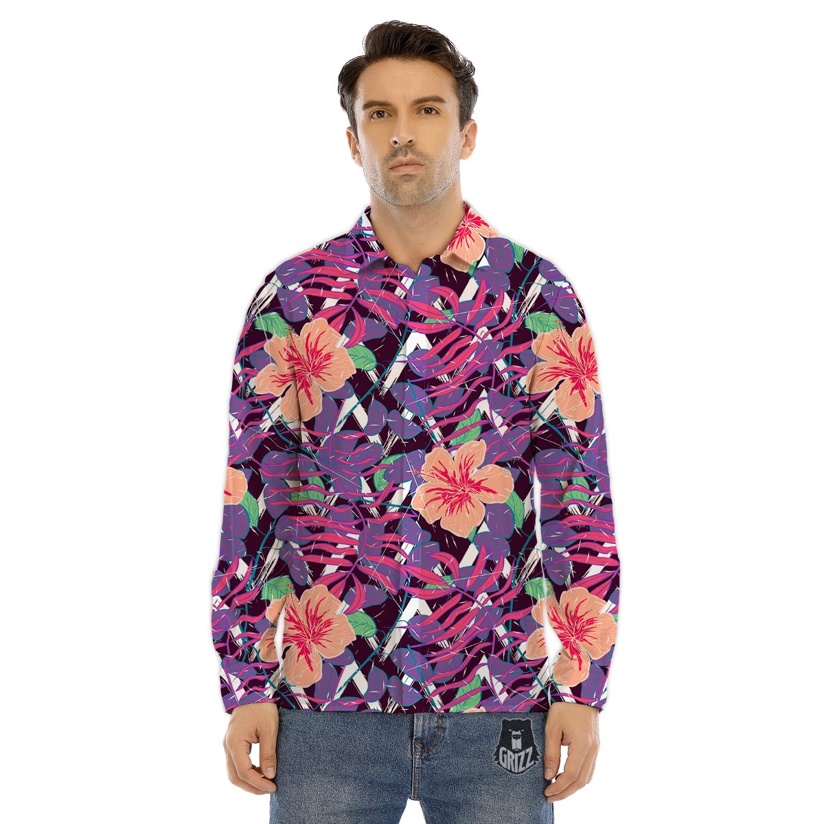 Hibiscus Purple Tropical Print Pattern Men's Dress Shirts-grizzshop