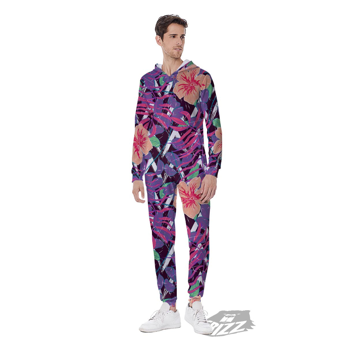 Hibiscus Purple Tropical Print Pattern Men's Jumpsuit-grizzshop