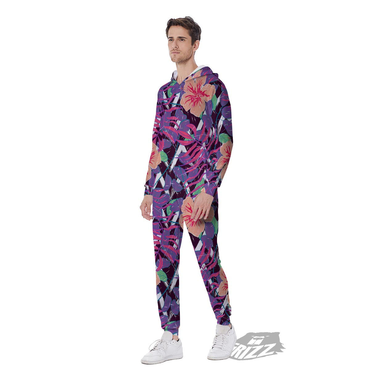 Hibiscus Purple Tropical Print Pattern Men's Jumpsuit-grizzshop