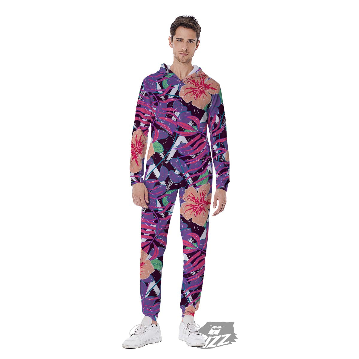 Hibiscus Purple Tropical Print Pattern Men's Jumpsuit-grizzshop