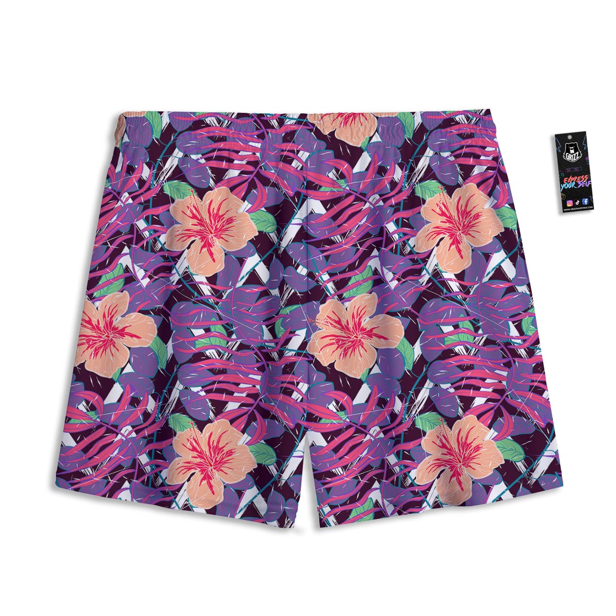 Hibiscus Purple Tropical Print Pattern Mesh Shorts