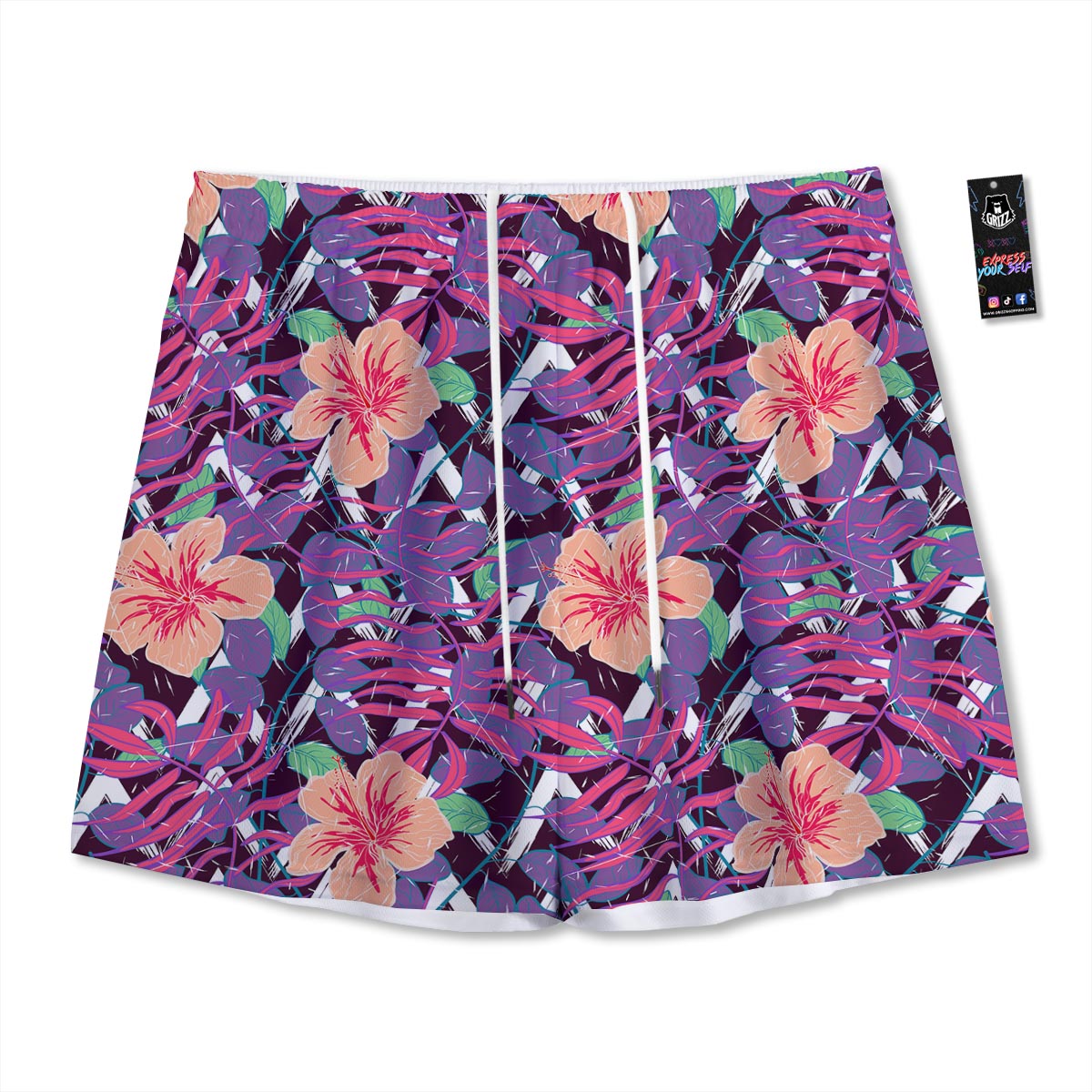 Hibiscus Purple Tropical Print Pattern Mesh Shorts
