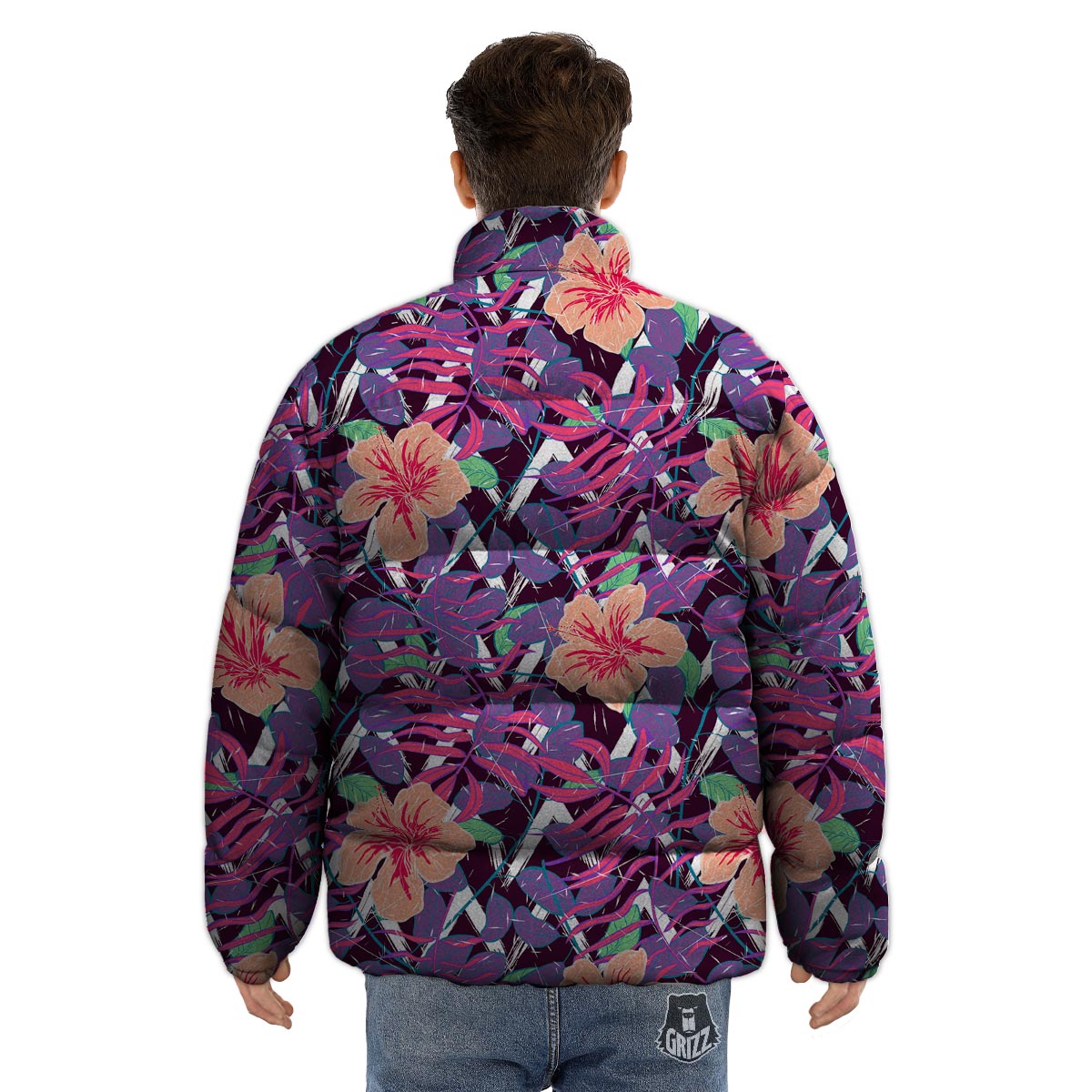 Hibiscus Purple Tropical Print Pattern Puffer Jacket-grizzshop
