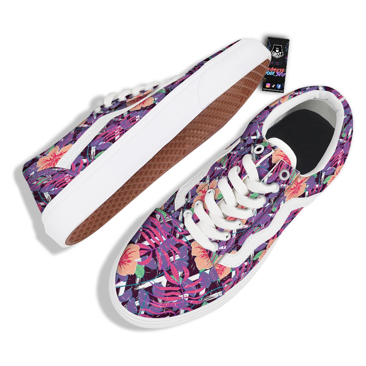 Hibiscus Purple Tropical Print Pattern Skate Shoes-grizzshop