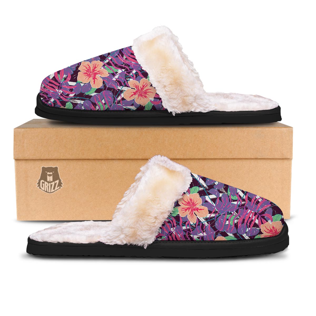 Hibiscus Purple Tropical Print Pattern Slippers-grizzshop