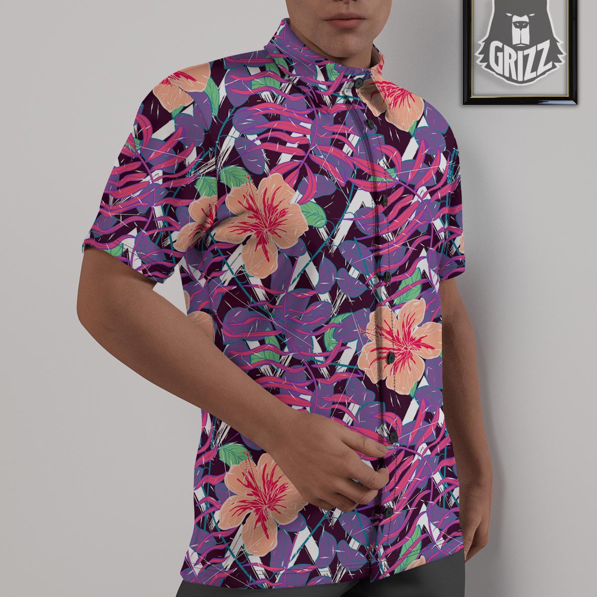 Hibiscus Purple Tropical Print Pattern Untucked Shirts-grizzshop