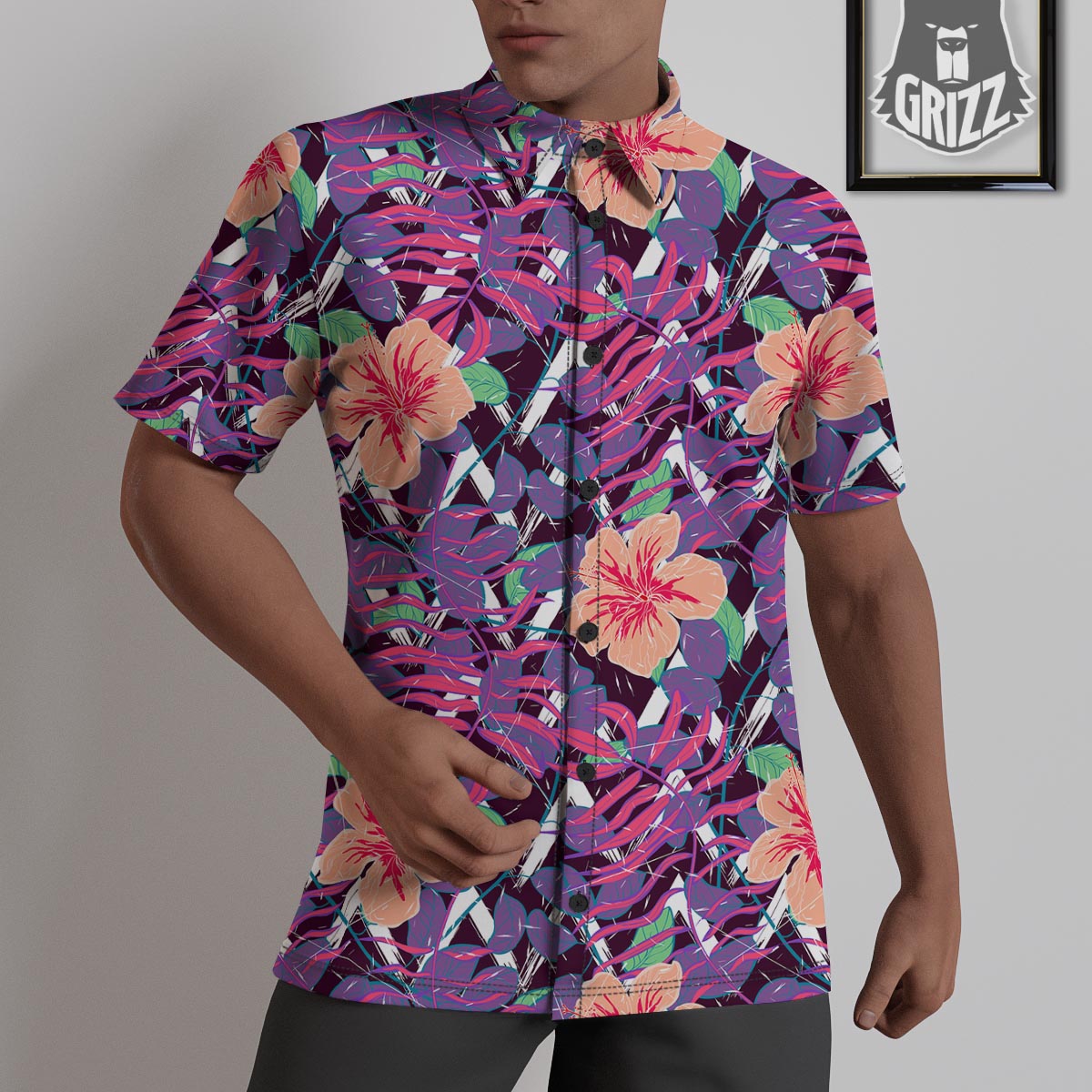 Hibiscus Purple Tropical Print Pattern Untucked Shirts-grizzshop