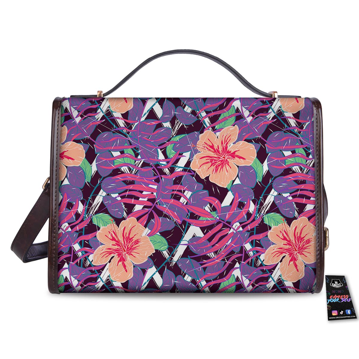 Hibiscus Purple Tropical Print Pattern Women's Satchel Bag-grizzshop