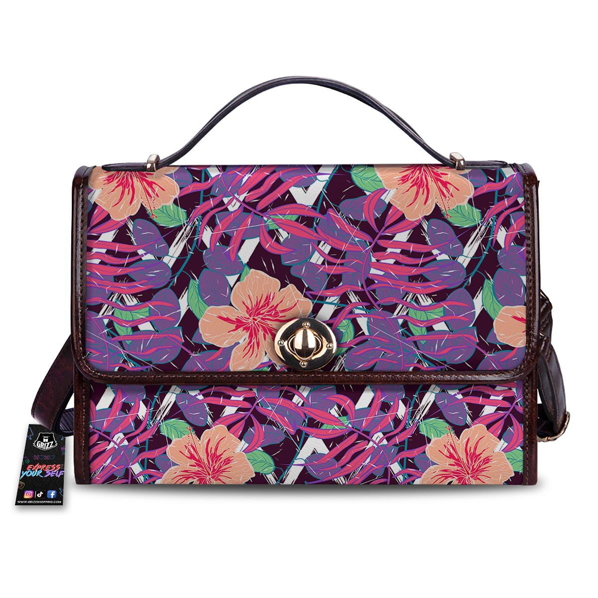 Hibiscus Purple Tropical Print Pattern Women's Satchel Bag-grizzshop