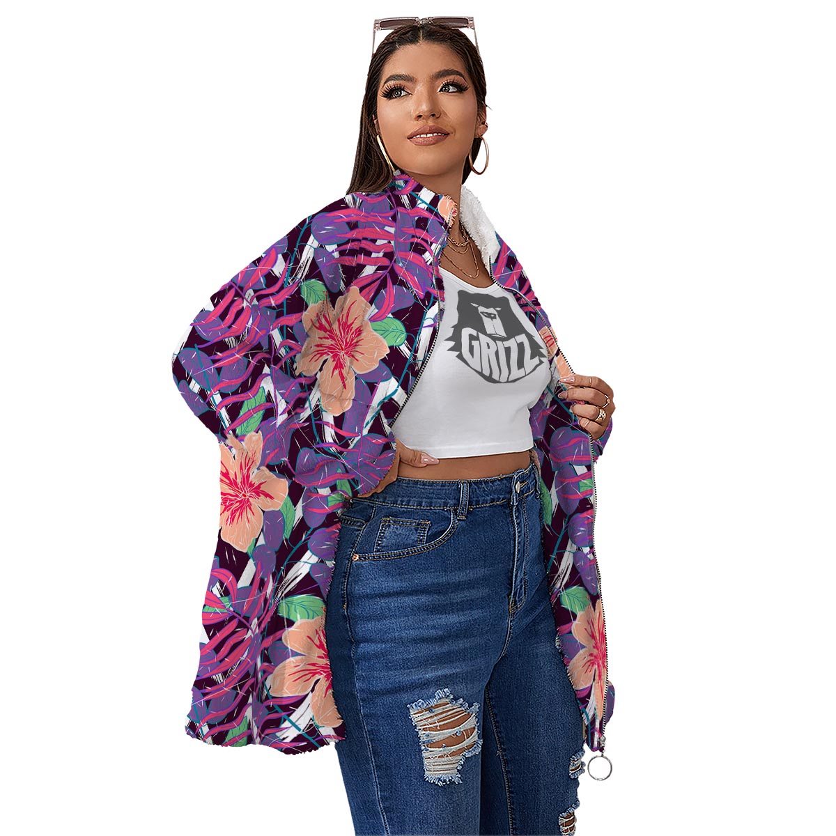 Hibiscus Purple Tropical Print Pattern Women's Sherpa Jacket-grizzshop