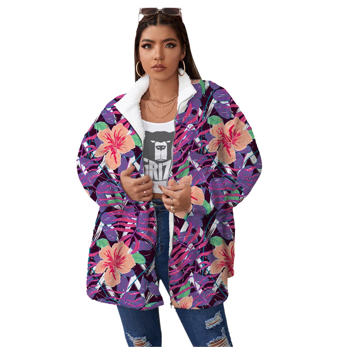 Hibiscus Purple Tropical Print Pattern Women's Sherpa Jacket-grizzshop