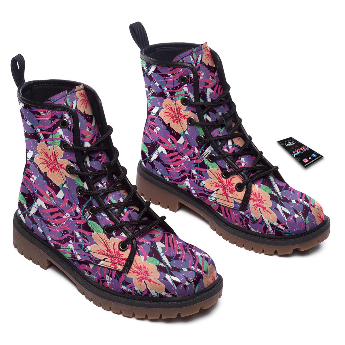 Hibiscus Purple Tropical Print Pattern Work Boots-grizzshop