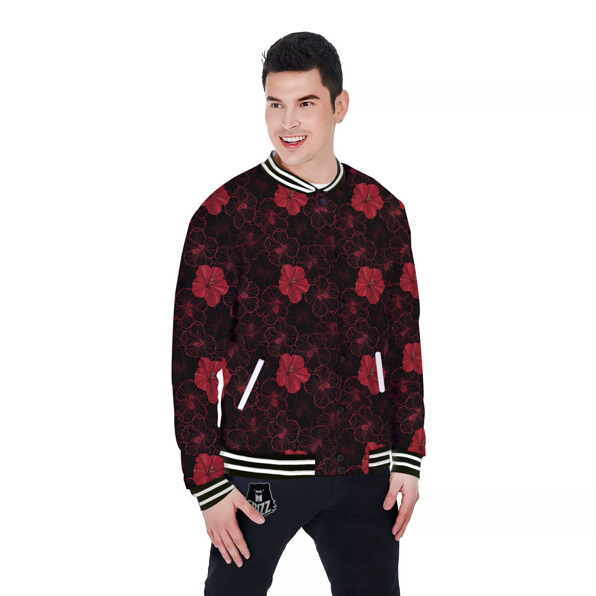 Hibiscus Red And Black Print Pattern Baseball Jacket-grizzshop