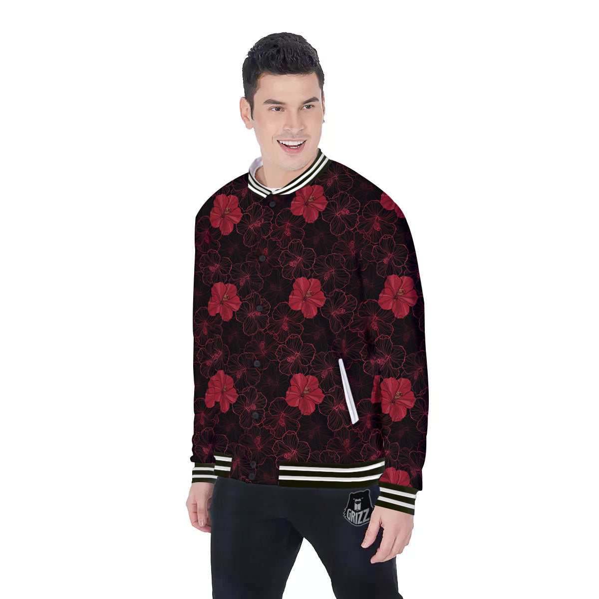 Hibiscus Red And Black Print Pattern Baseball Jacket-grizzshop