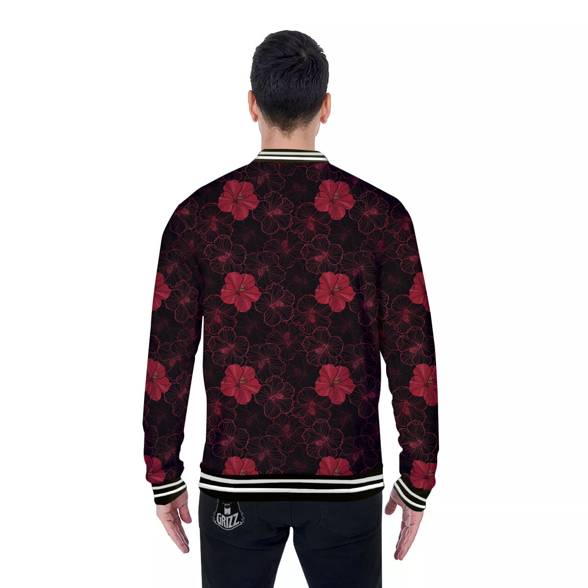 Hibiscus Red And Black Print Pattern Baseball Jacket-grizzshop