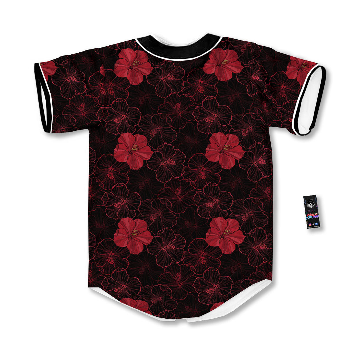 Hibiscus Red And Black Print Pattern Baseball Jersey-grizzshop