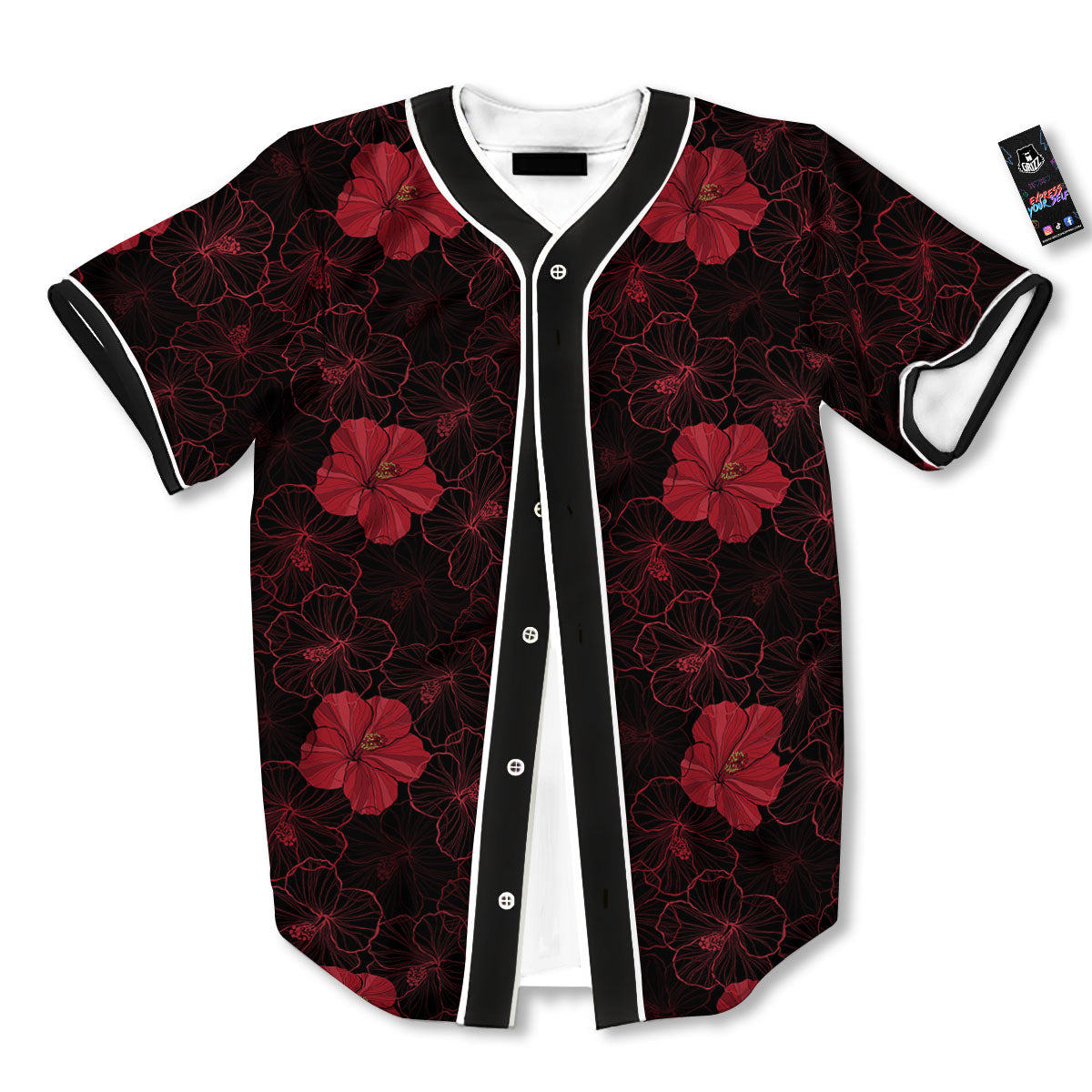 Hibiscus Red And Black Print Pattern Baseball Jersey-grizzshop