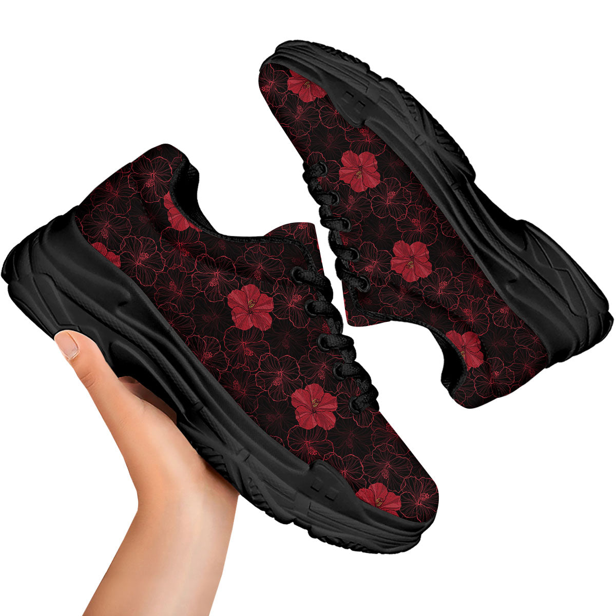 Hibiscus Red And Black Print Pattern Black Chunky Shoes-grizzshop