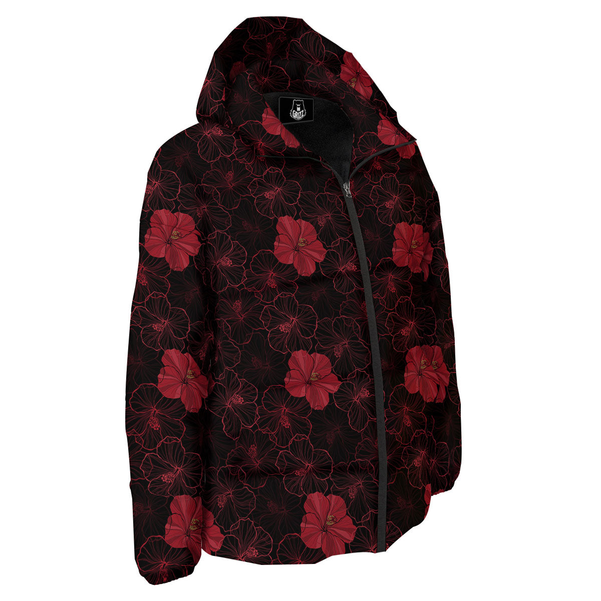 Hibiscus Red And Black Print Pattern Down Jacket-grizzshop