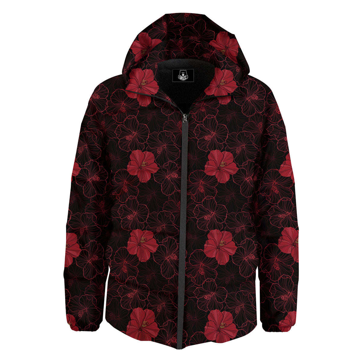 Hibiscus Red And Black Print Pattern Down Jacket-grizzshop