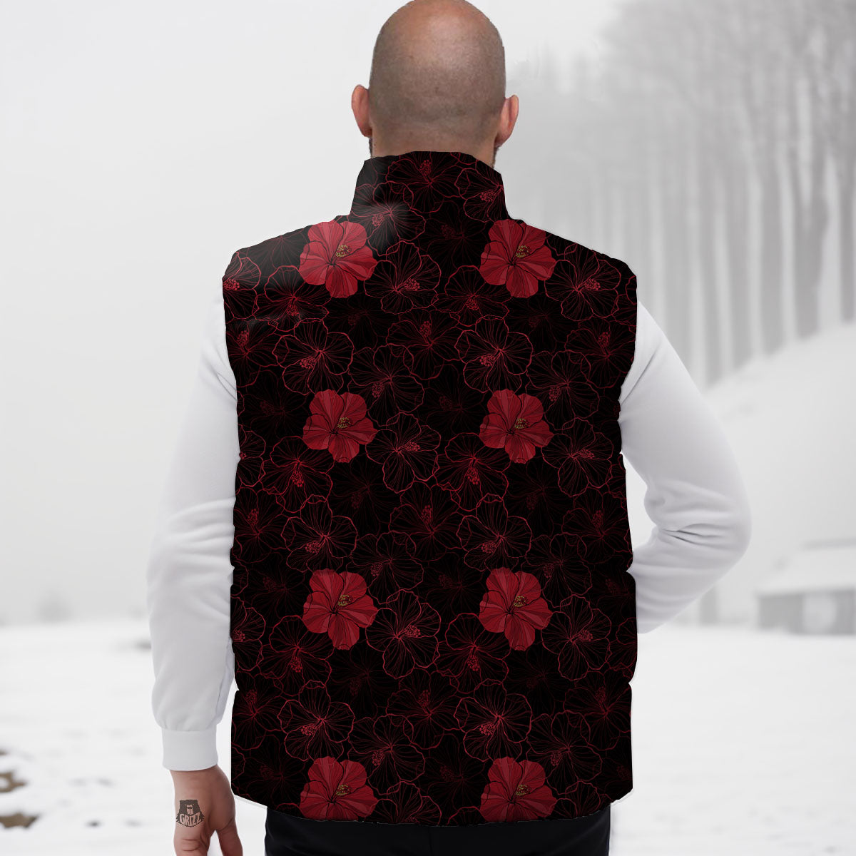 Hibiscus Red And Black Print Pattern Down Vest