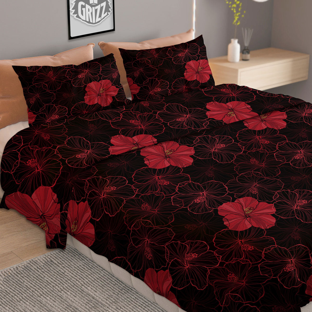 Hibiscus Red And Black Print Pattern Duvet Cover Bedding Set