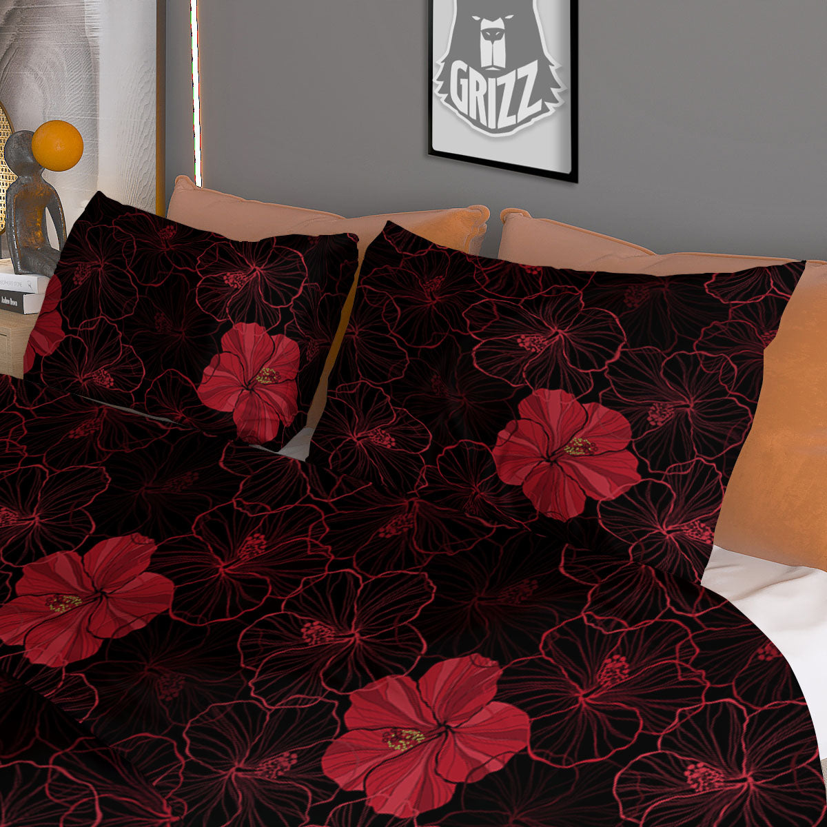 Hibiscus Red And Black Print Pattern Duvet Cover Bedding Set