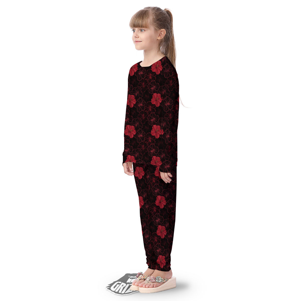 Hibiscus Red And Black Print Pattern Kid's Pajamas-grizzshop