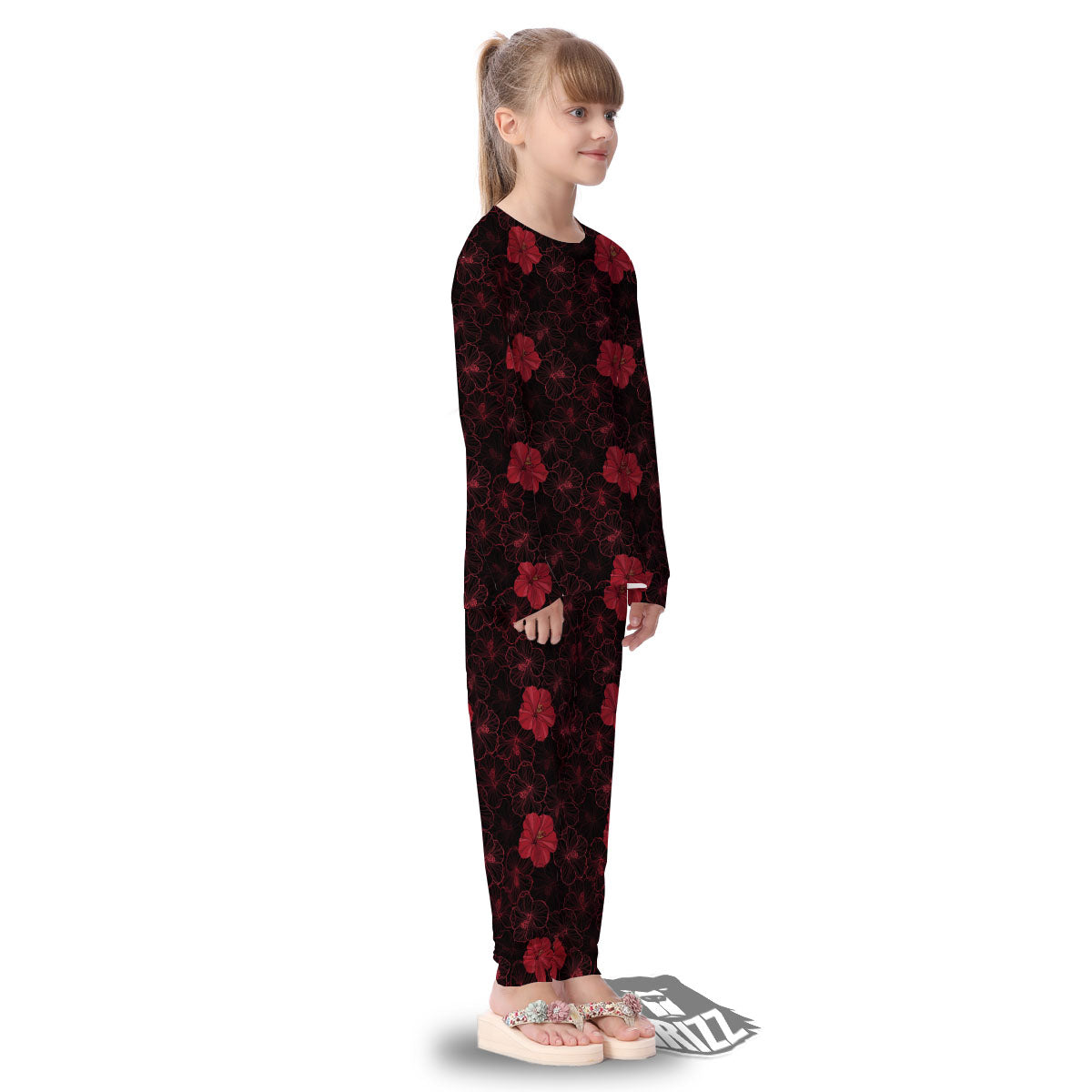 Hibiscus Red And Black Print Pattern Kid's Pajamas-grizzshop