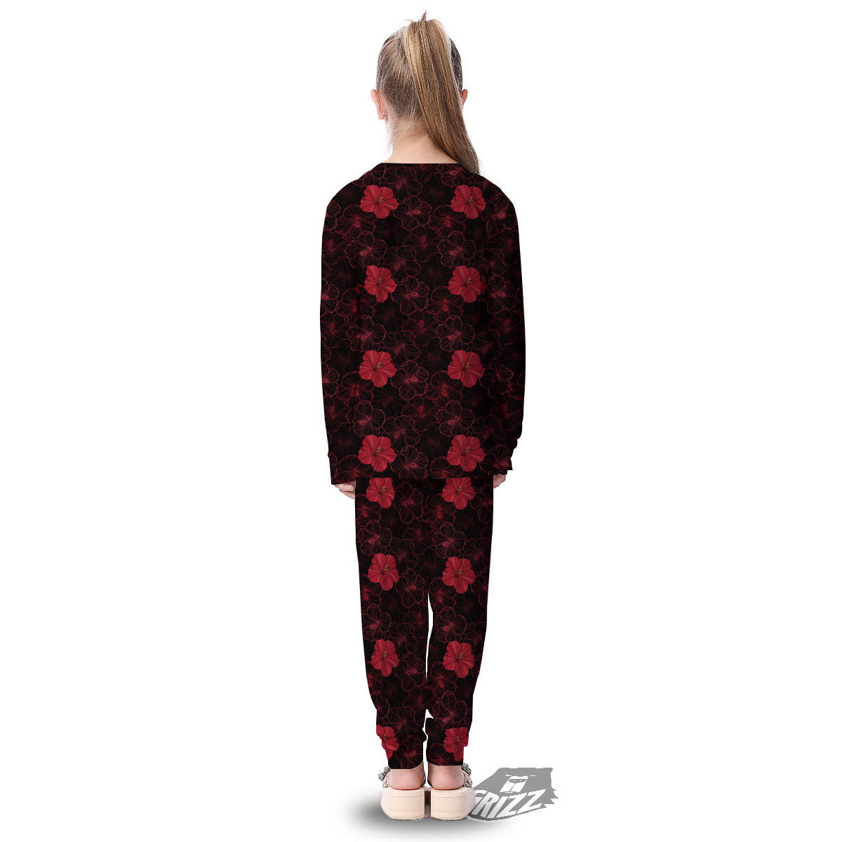 Hibiscus Red And Black Print Pattern Kid's Pajamas-grizzshop