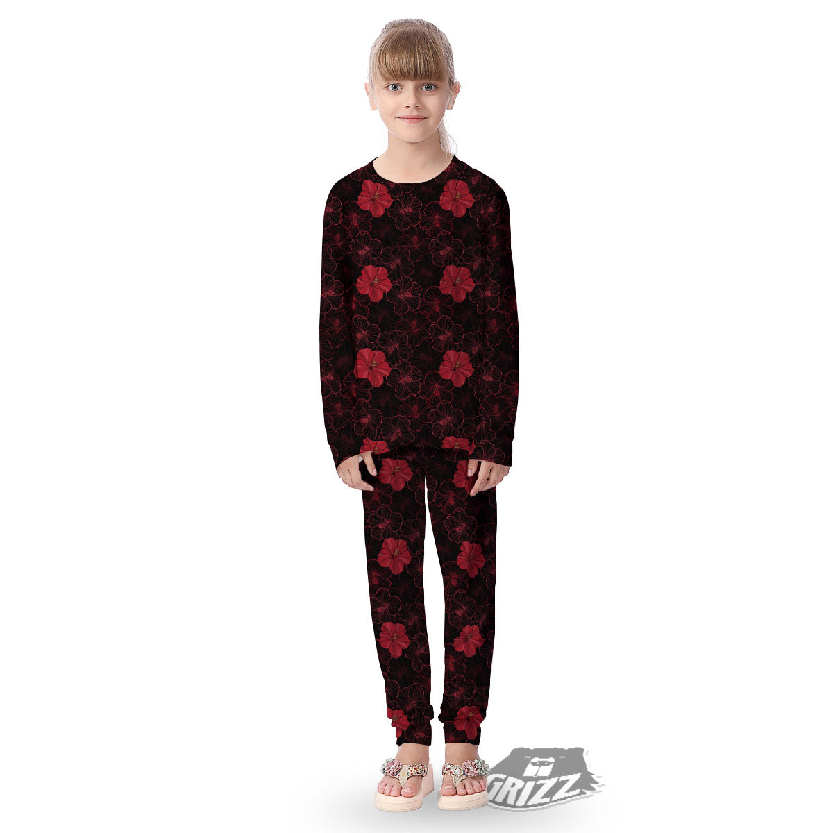 Hibiscus Red And Black Print Pattern Kid's Pajamas-grizzshop