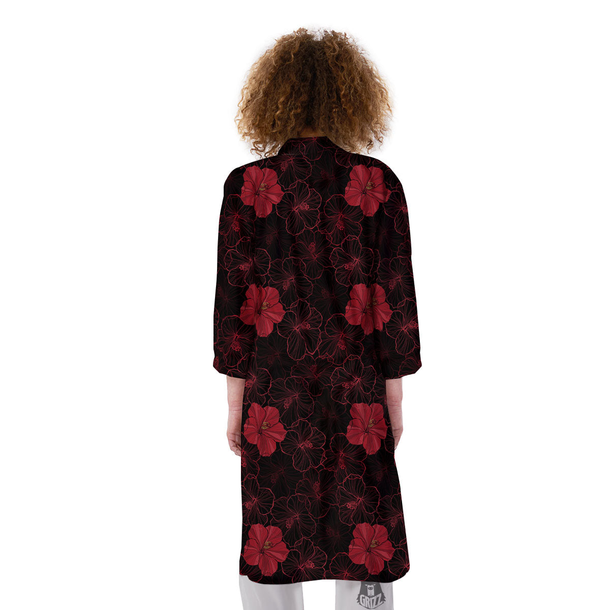 Hibiscus Red And Black Print Pattern Kimono-grizzshop