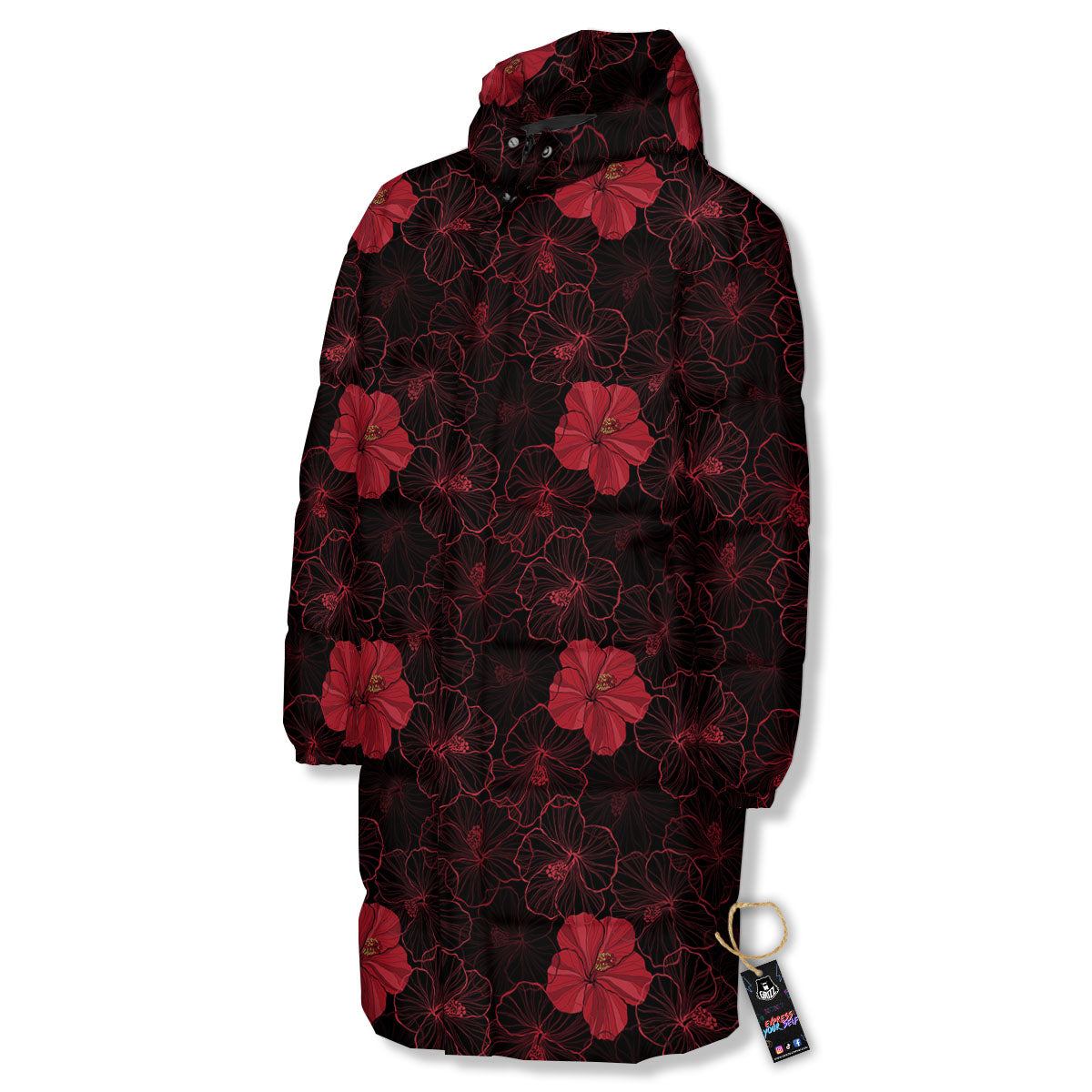 Hibiscus Red And Black Print Pattern Long Down Jacket-grizzshop