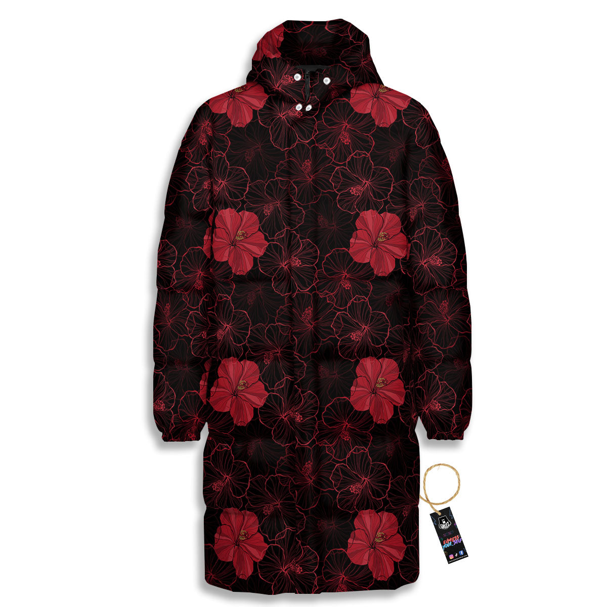 Hibiscus Red And Black Print Pattern Long Down Jacket-grizzshop