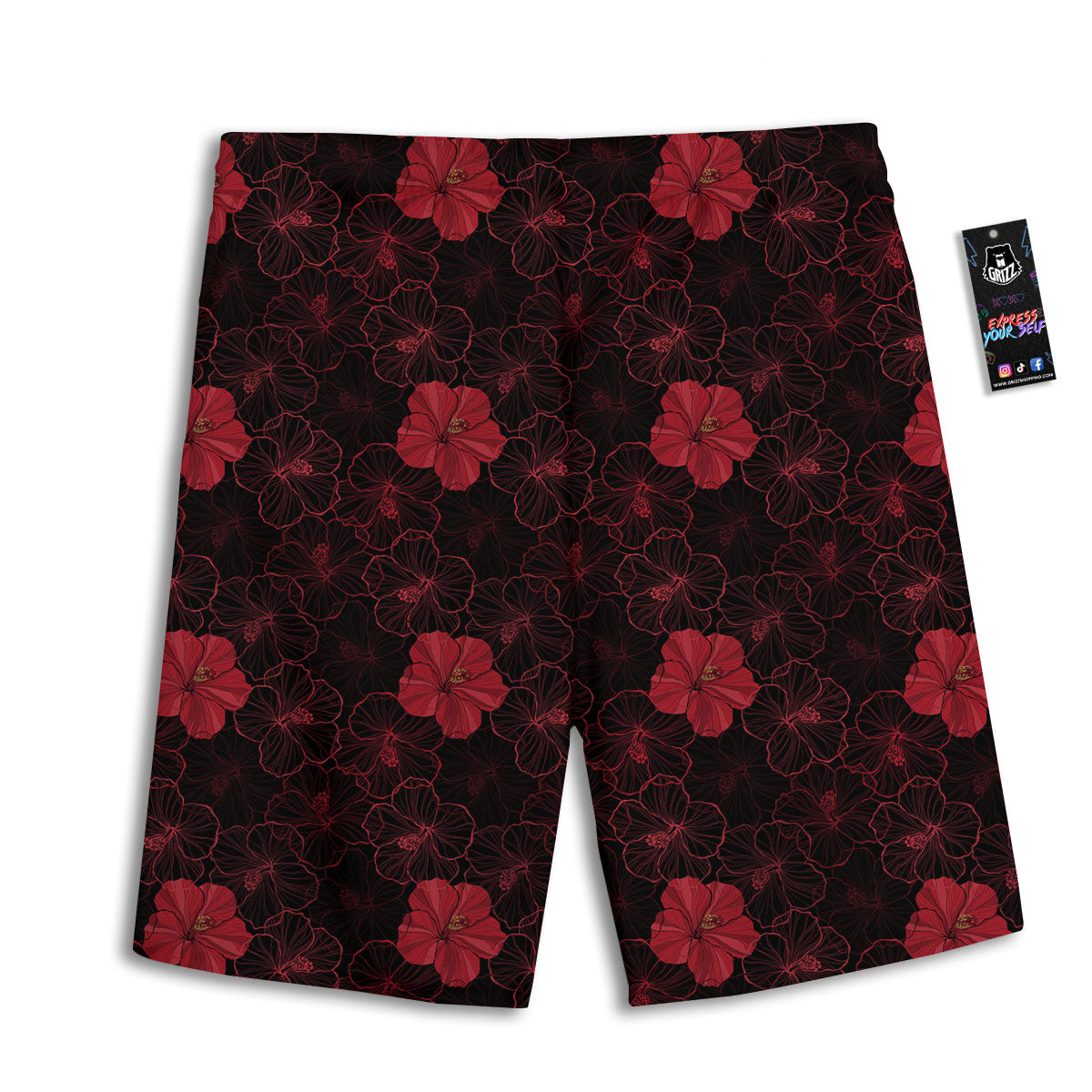 Hibiscus Red And Black Print Pattern Men's Athletic Shorts