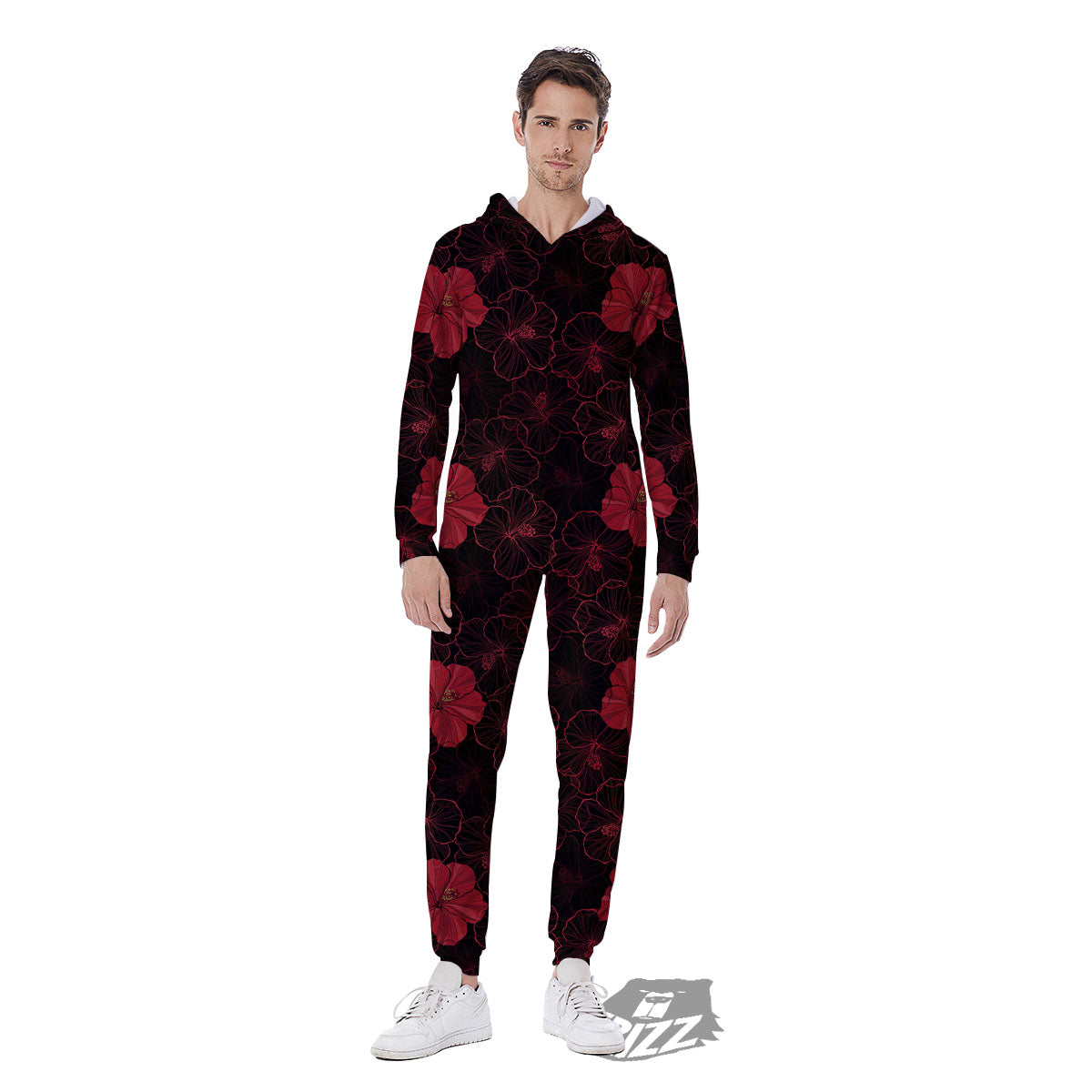Hibiscus Red And Black Print Pattern Men's Jumpsuit-grizzshop