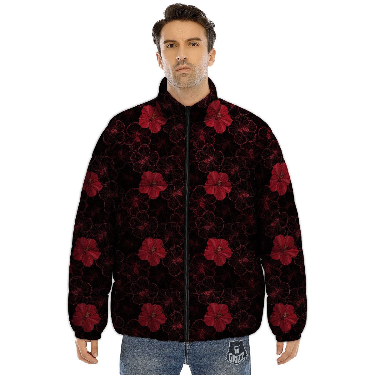 Hibiscus Red And Black Print Pattern Puffer Jacket-grizzshop