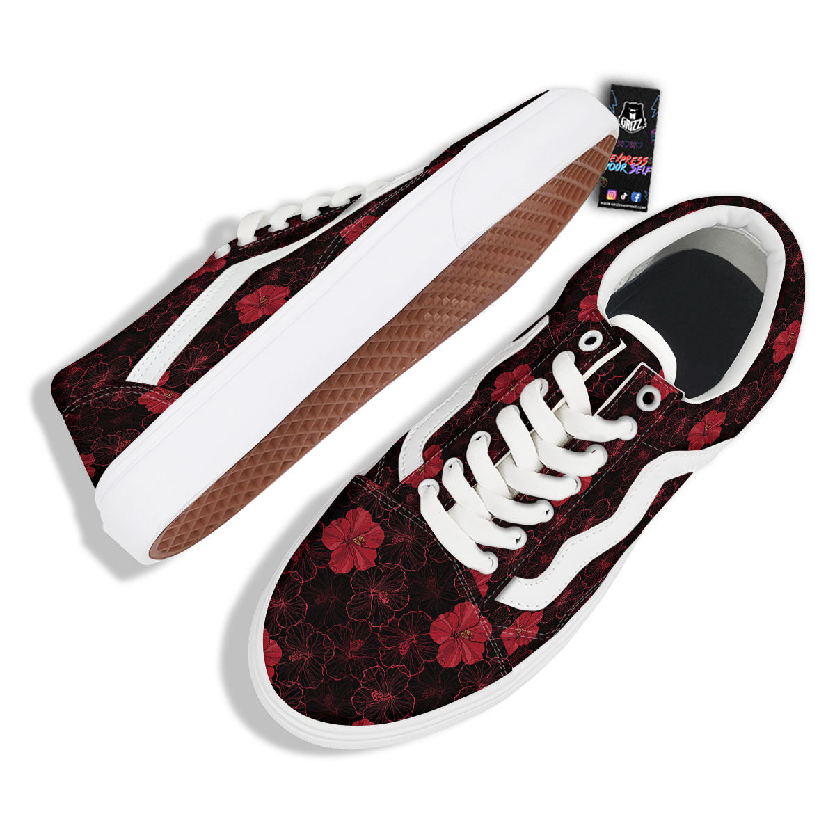 Hibiscus Red And Black Print Pattern Skate Shoes-grizzshop