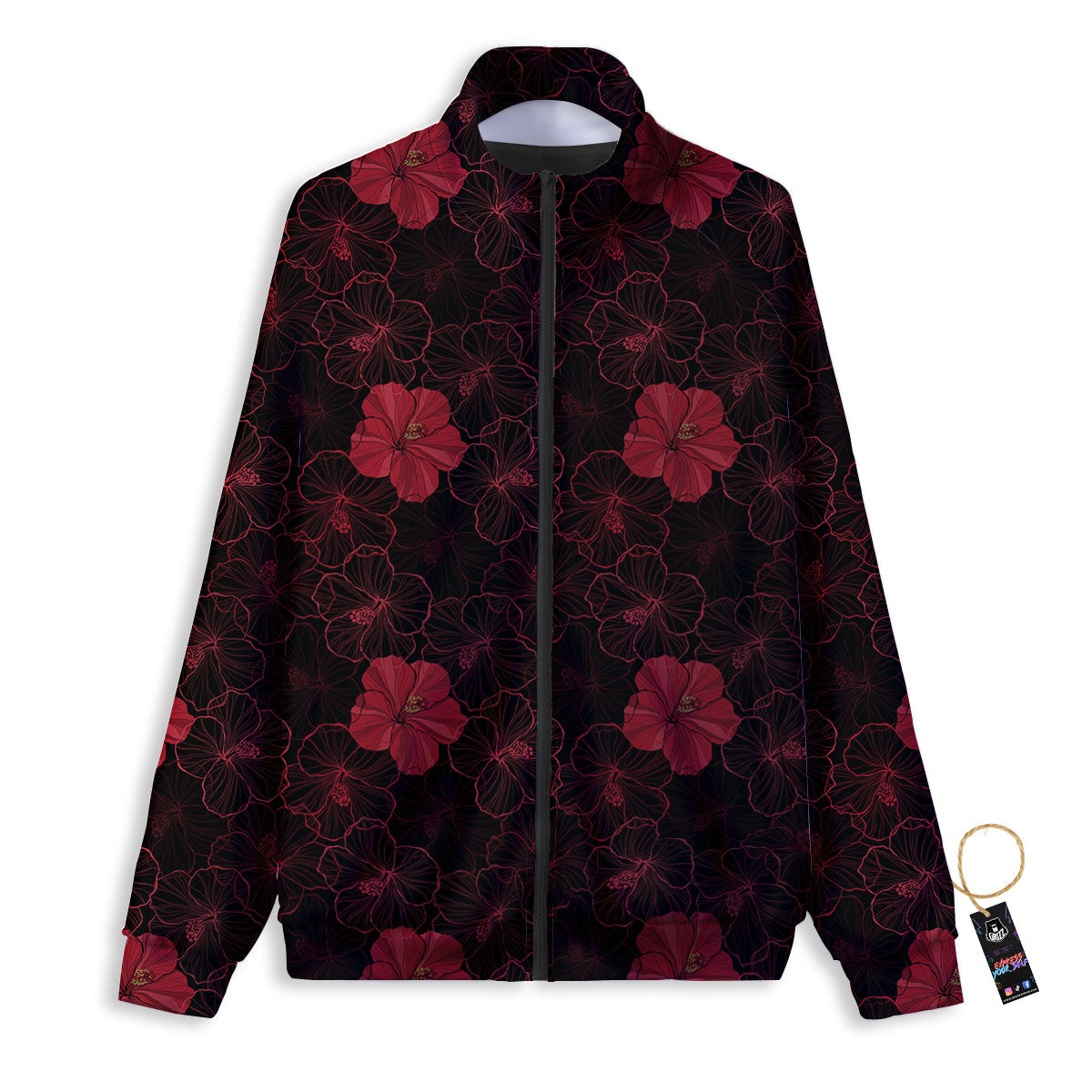 Hibiscus Red And Black Print Pattern Track Jacket-grizzshop