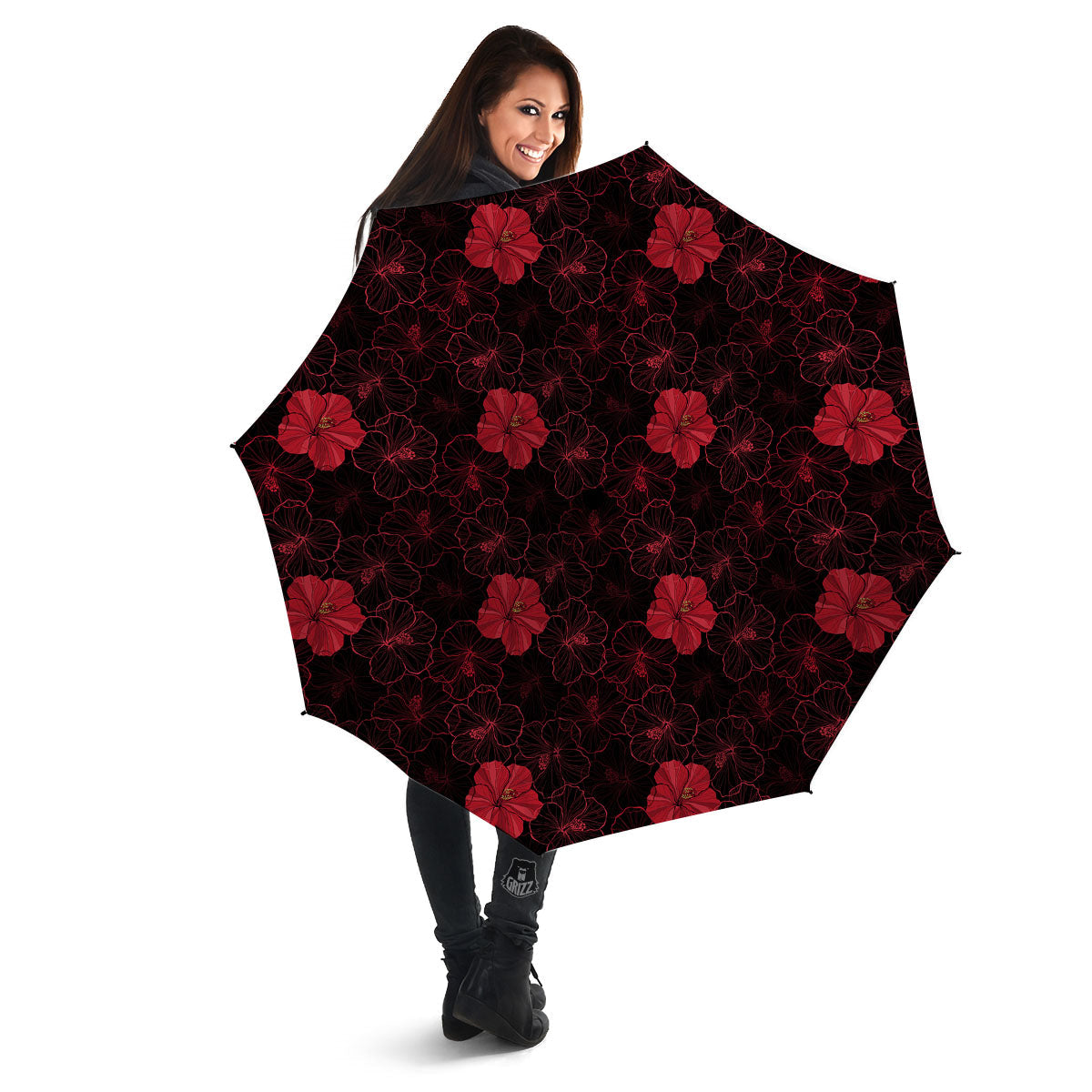 Hibiscus Red And Black Print Pattern Umbrella-grizzshop
