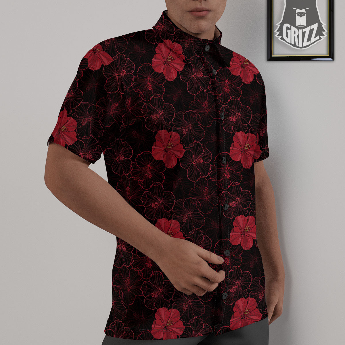Hibiscus Red And Black Print Pattern Untucked Shirts-grizzshop