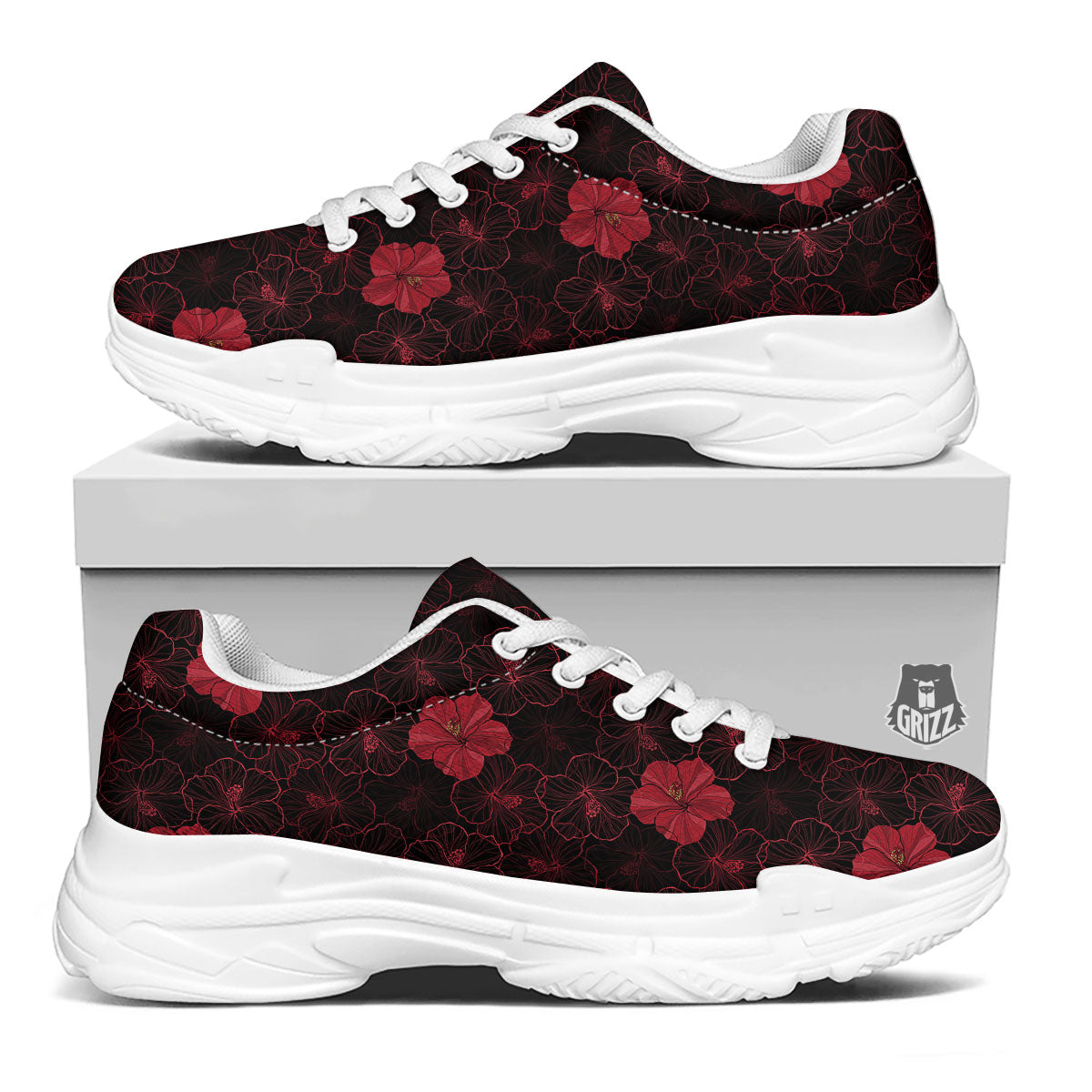 Hibiscus Red And Black Print Pattern White Chunky Shoes-grizzshop